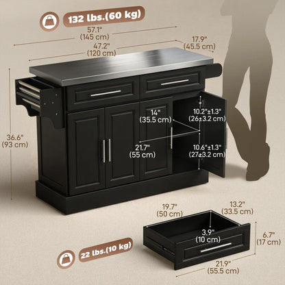 Îlot de cuisine roulant avec rangement, dessus en acier inoxydable, tiroirs, armoires