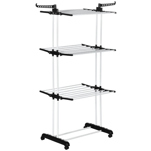 Foldable 4-Tier Steel Clothes Drying Rack, 2 Side Wings, 4 Castors, Black