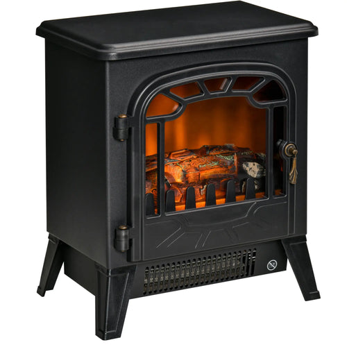 Freestanding Electric Fireplace Stove Heater, Realistic Flame, Overheat Protection, 750W/1500W, Black