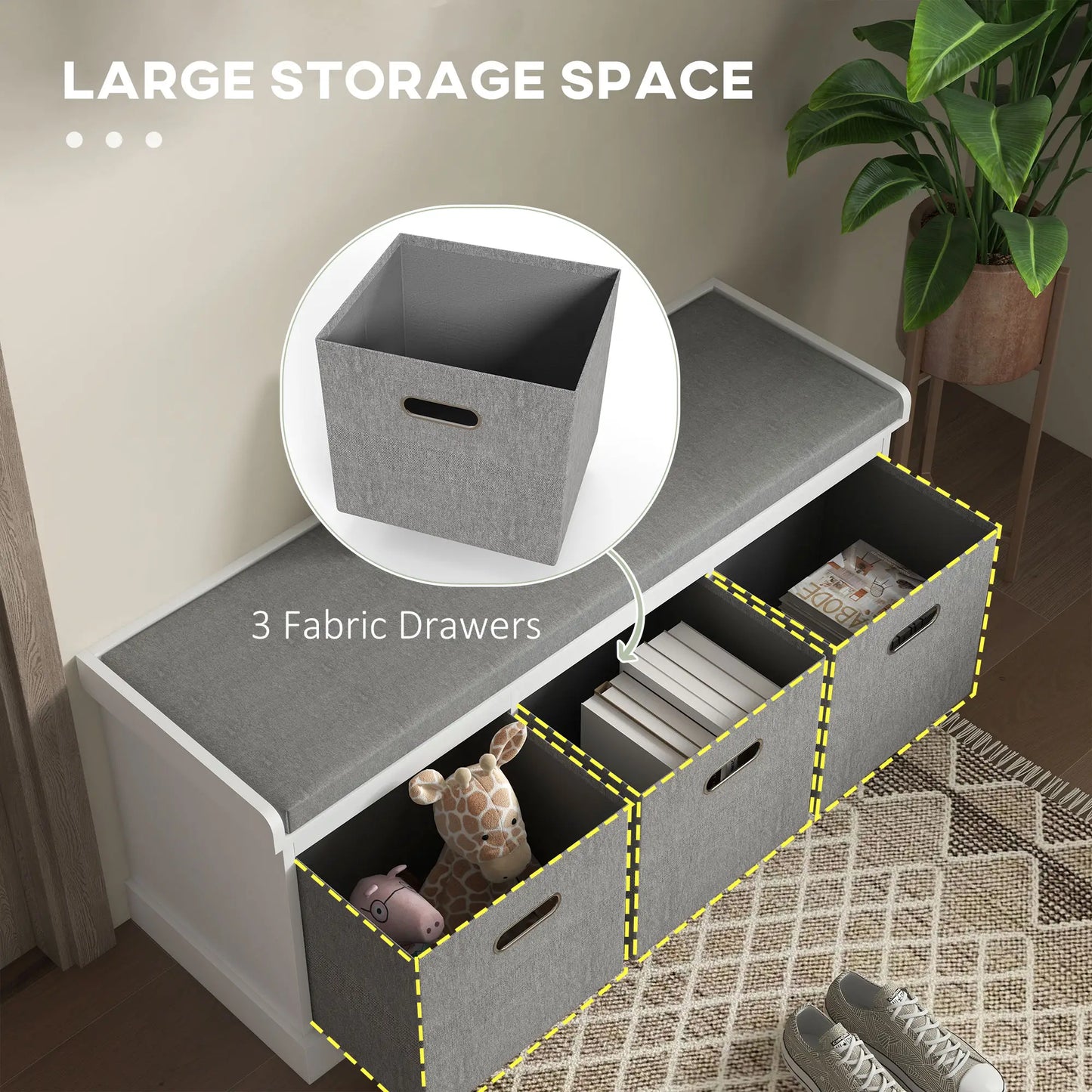 Shoe Storage Bench with Seat, Entryway Bench Seat with Cushion, 3 Fabric Drawers for Hallway, White Shoe Storage Cabinets & Racks at Gallery Canada