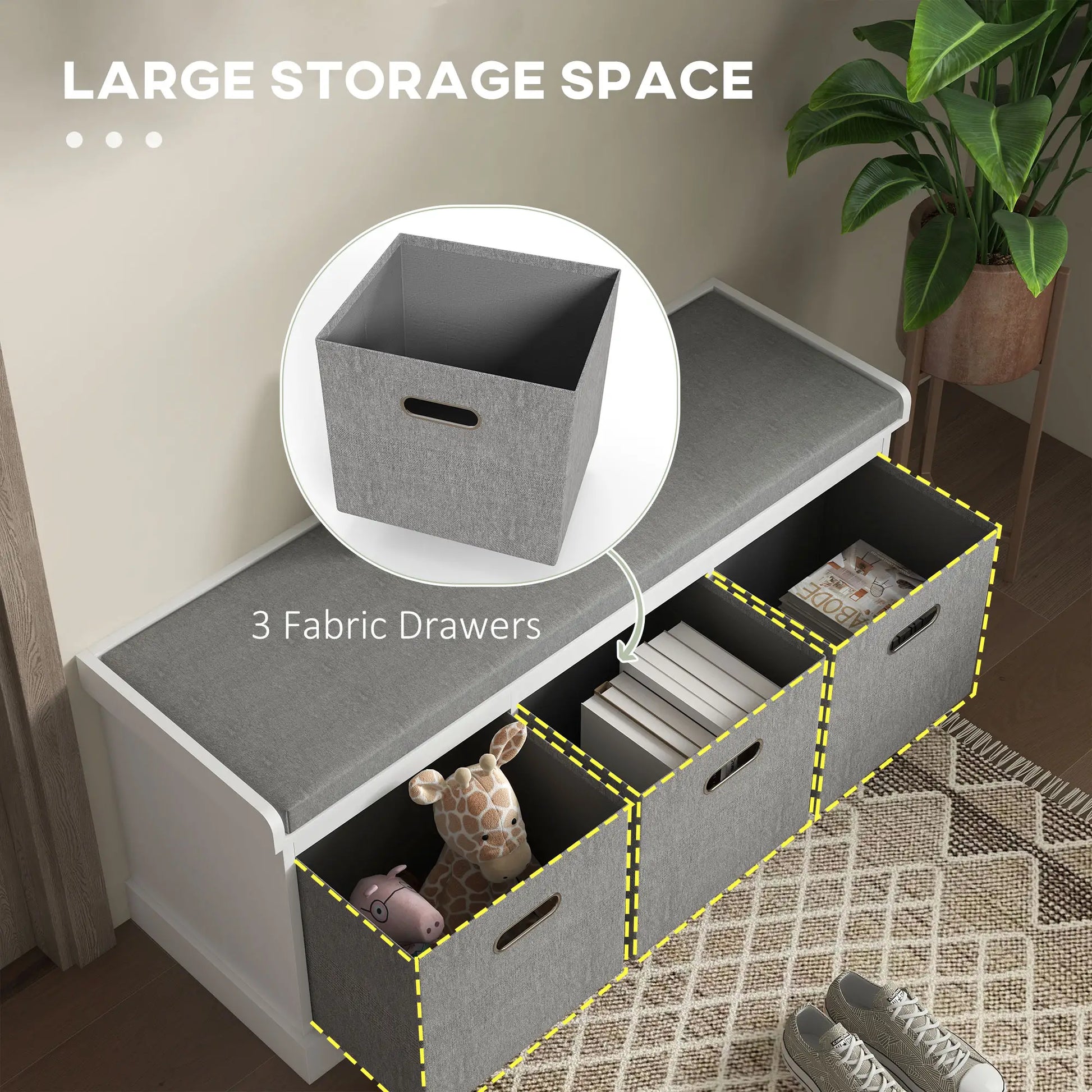 Shoe Storage Bench with Seat, Entryway Bench Seat with Cushion, 3 Fabric Drawers for Hallway, White Shoe Storage Cabinets & Racks at Gallery Canada