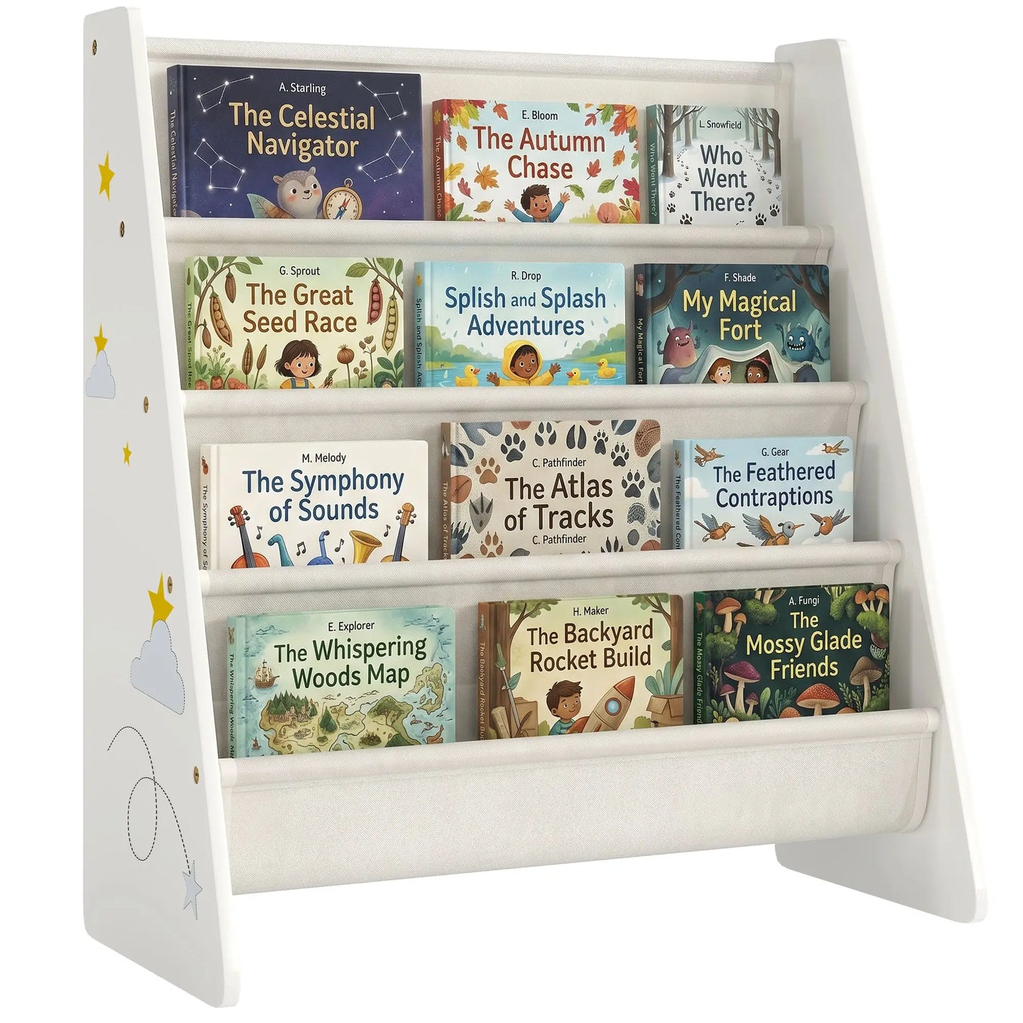 Fabric Kids Bookshelf, 4-Tier Toddler Sling Book Rack, White