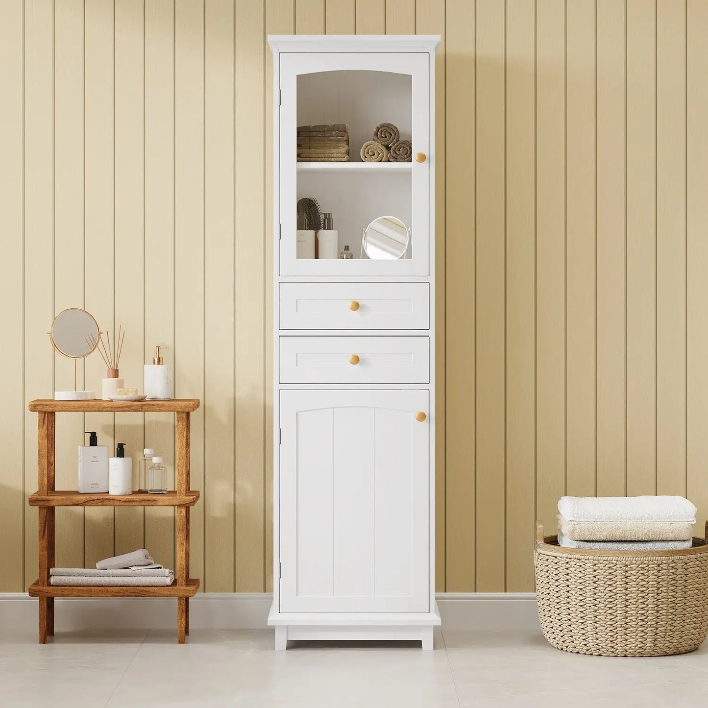 Bathroom Storage Cabinet, Glass Doors, Adjustable Shelves, 18" L x 14" W x 63" H, White Bathroom Cabinets at Gallery Canada