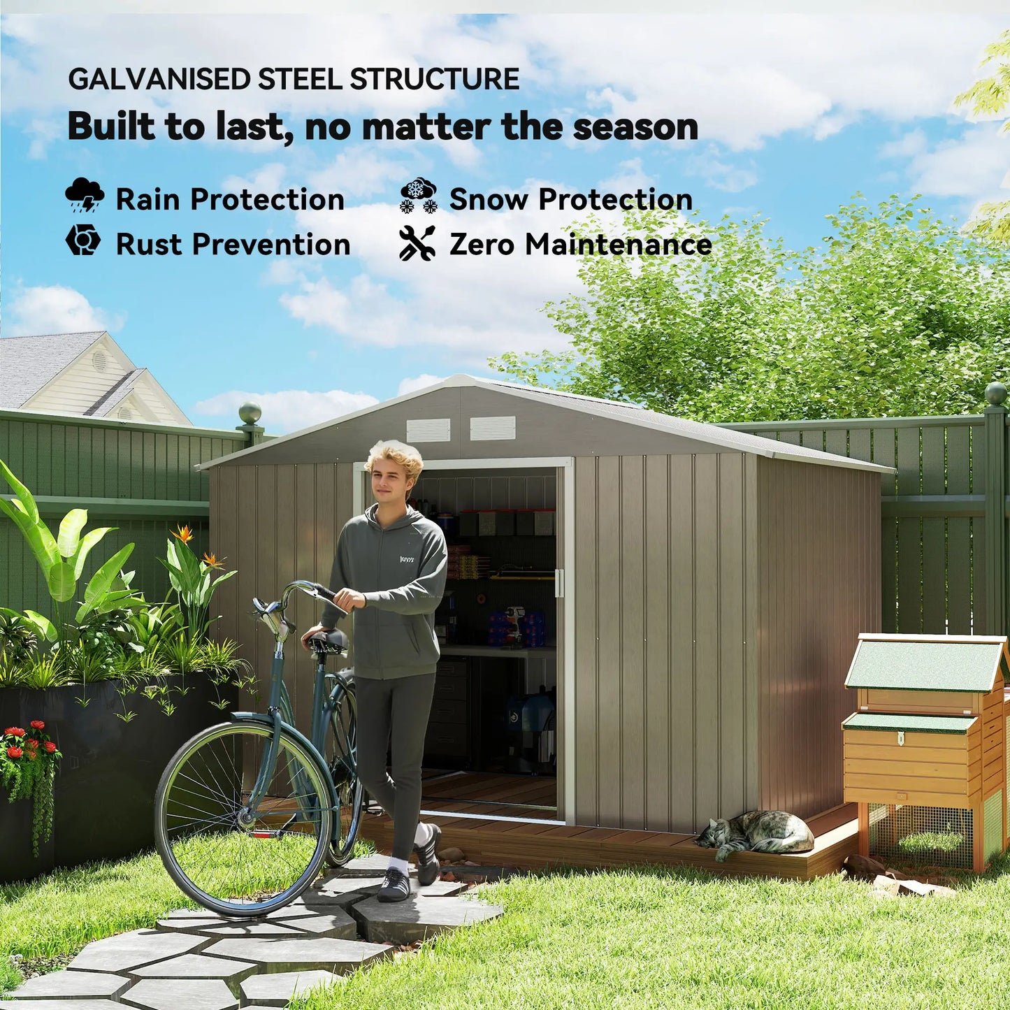 9.1'x6.4'x6.3' Garden Storage Shed, Foundation Kit, Metal Tool House, Double Doors, Light Brown Sheds at Gallery Canada