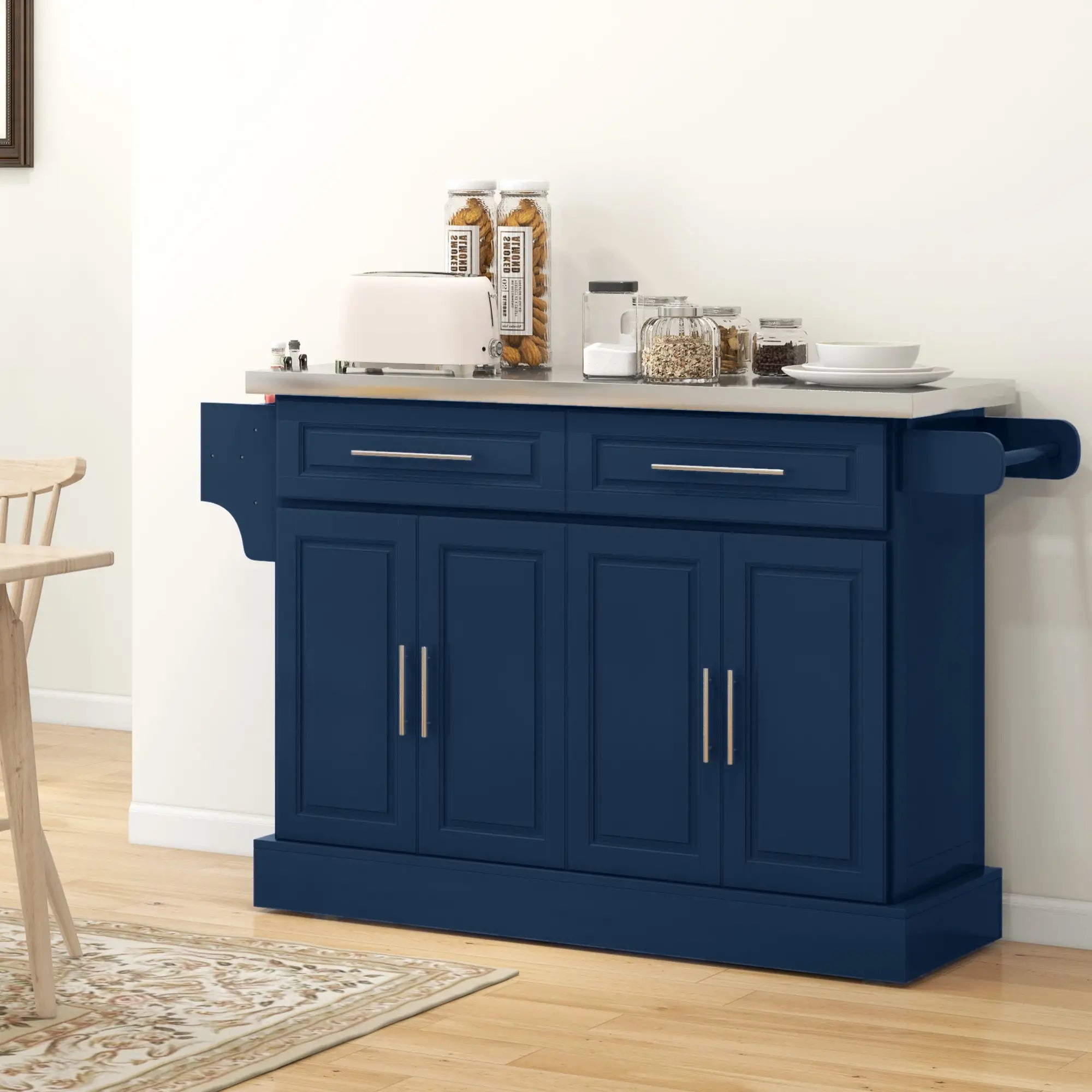 Rolling Kitchen Island with Storage, Stainless Steel Top, Blue Kitchen Islands & Kitchen Carts at Gallery Canada