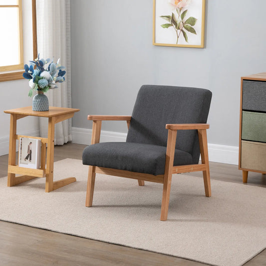 Mid-Century Modern Accent Chair, Retro Fabric Armchair, Wooden Arm, Grey Accent Chairs Dark Grey at Gallery Canada