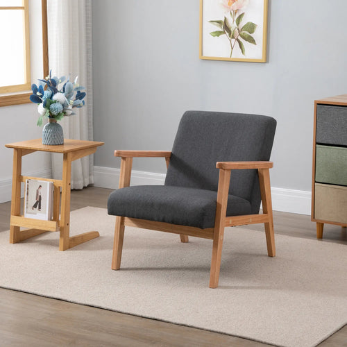 Mid-Century Modern Accent Chair, Retro Fabric Armchair, Wooden Arm, Grey