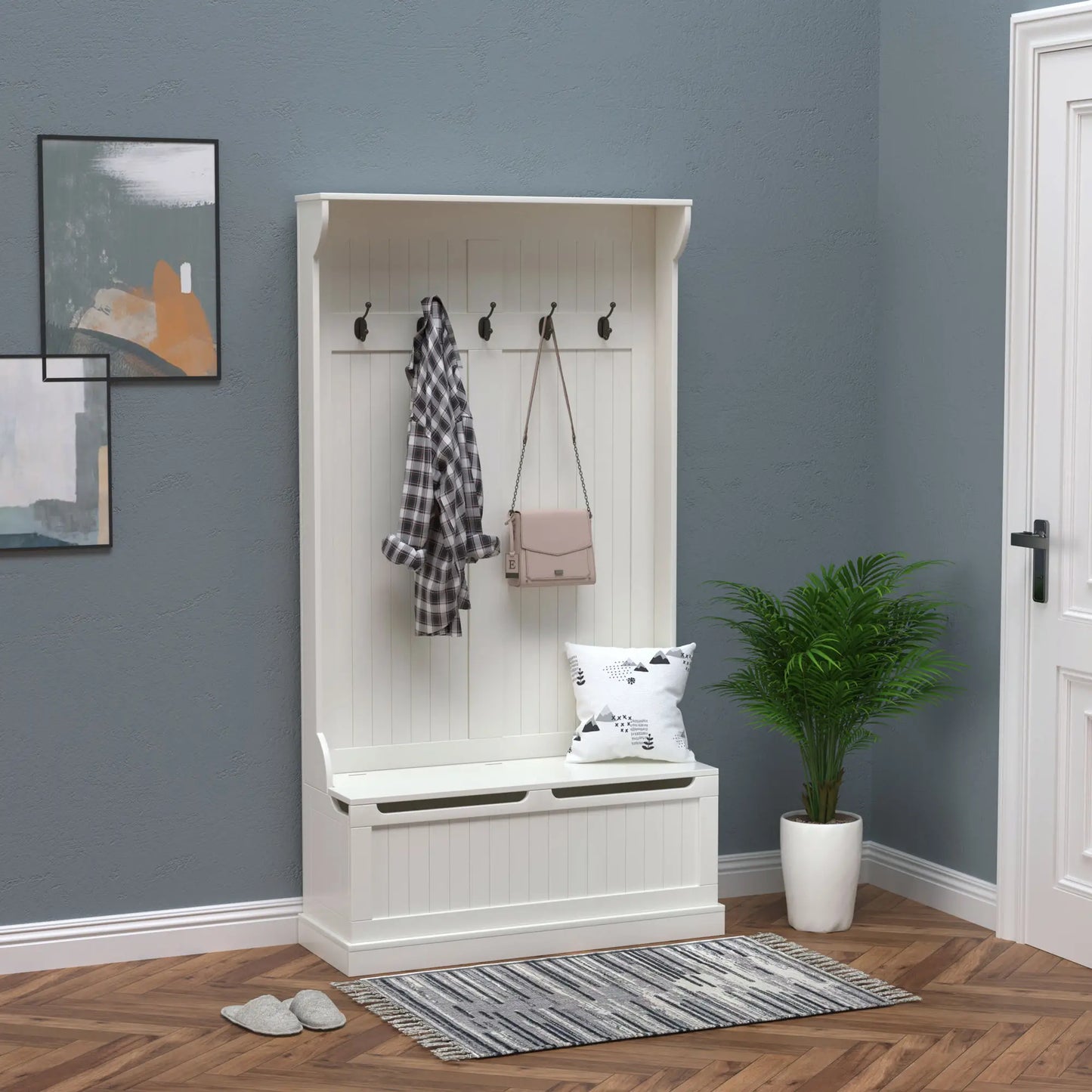 3-In-1 Hall Tree, Coat Rack, Shoe Storage, Bench Seat, White