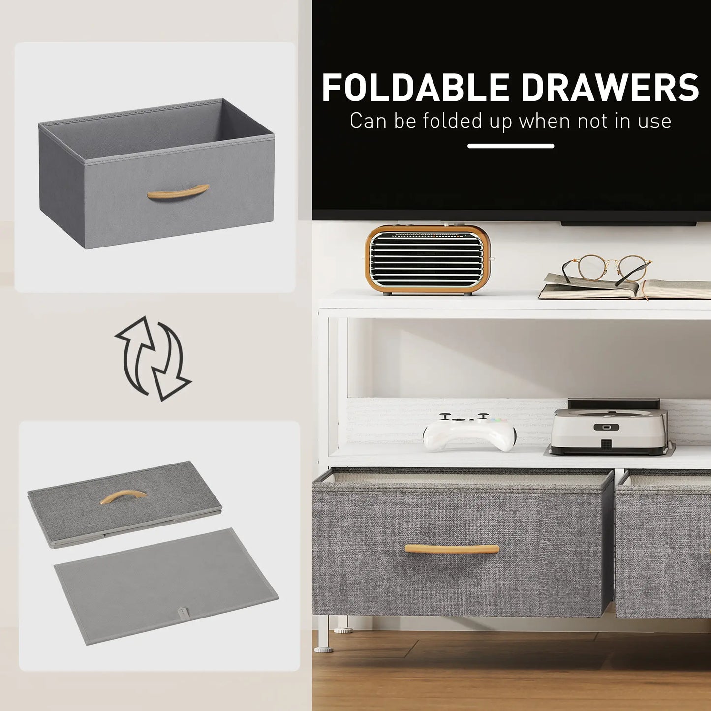 TV Stand with Charging Station, 2 Foldable Drawers, Open Shelf, 47 Inch, White TV Stands at Gallery Canada