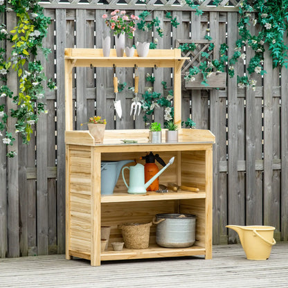 Potting Bench Table, Wooden Garden Workstation with Storage Shelves and Hooks Potting Benches & Tables at Gallery Canada