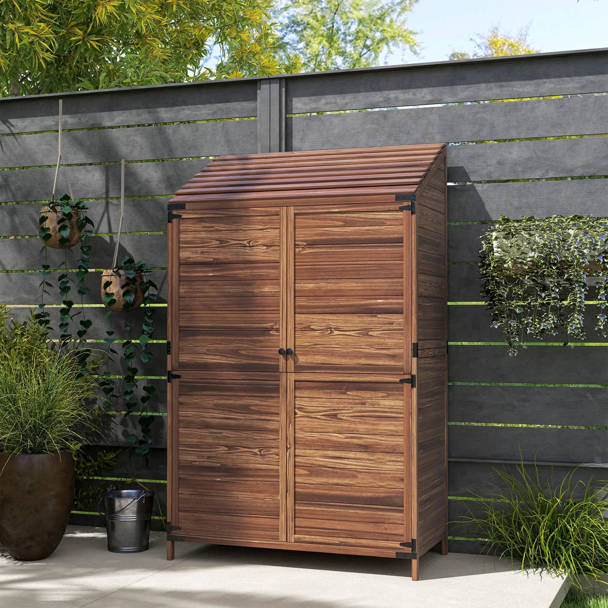 Outdoor Wooden Storage Cabinet, Double Doors with Shelves, Mixed-Brown, Brown Sheds at Gallery Canada