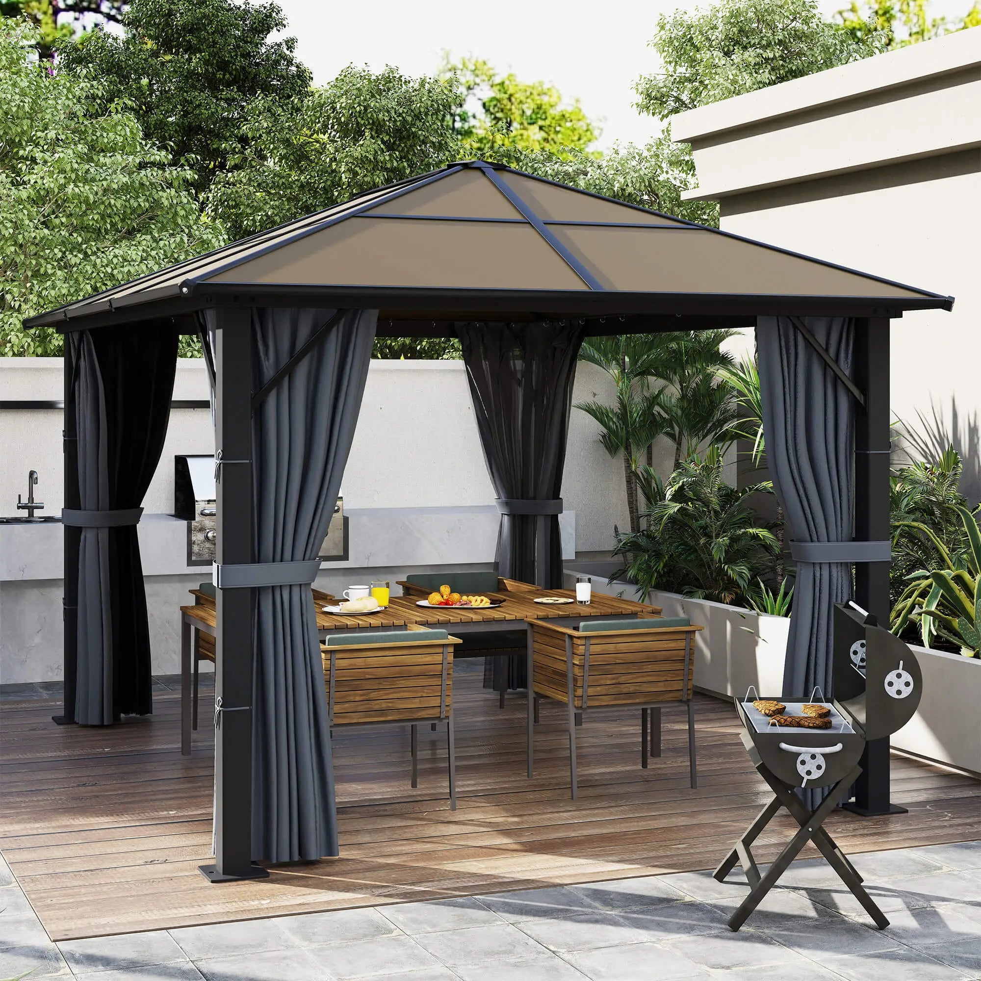 9.8' x 9.8' Aluminum Gazebo, Hardtop Roof, Mesh Curtains, Grey Gazebos at Gallery Canada