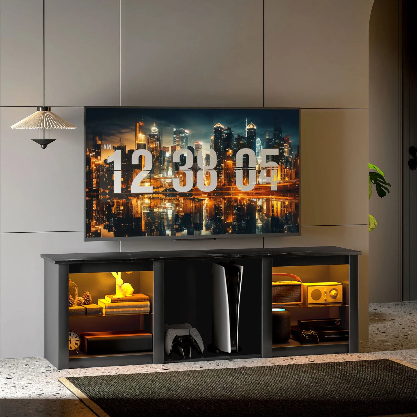 TV Stand With LED Lights, Adjustable Glass Shelves, For 65 Inch TVs, Black TV Stands at Gallery Canada