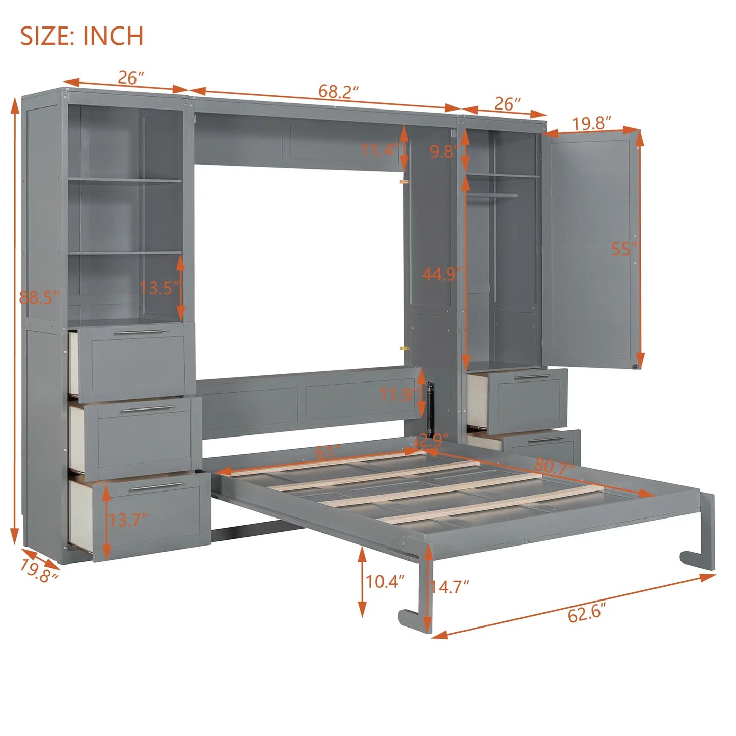 Murphy Bed with Closet, Drawers, Shelves, 120" L x 20" W x 88.5" H, Grey Bed Frames at Gallery Canada