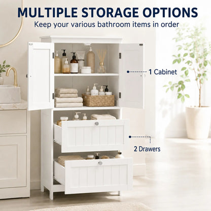 Narrow Bathroom Cabinet, 2 Drawers, Adjustable Shelf, White