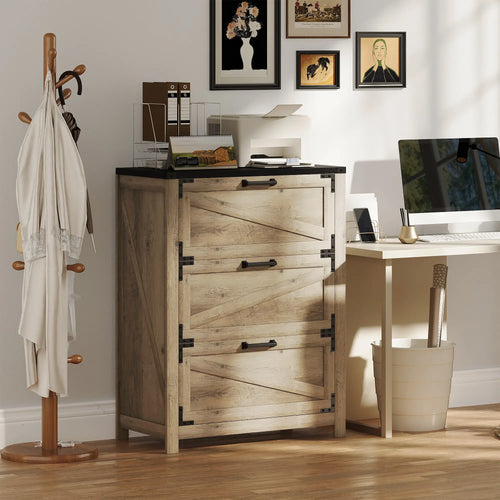 3 Drawer Filing Cabinet, Farmhouse Office Storage, Adjustable Hanging Bars, Grey