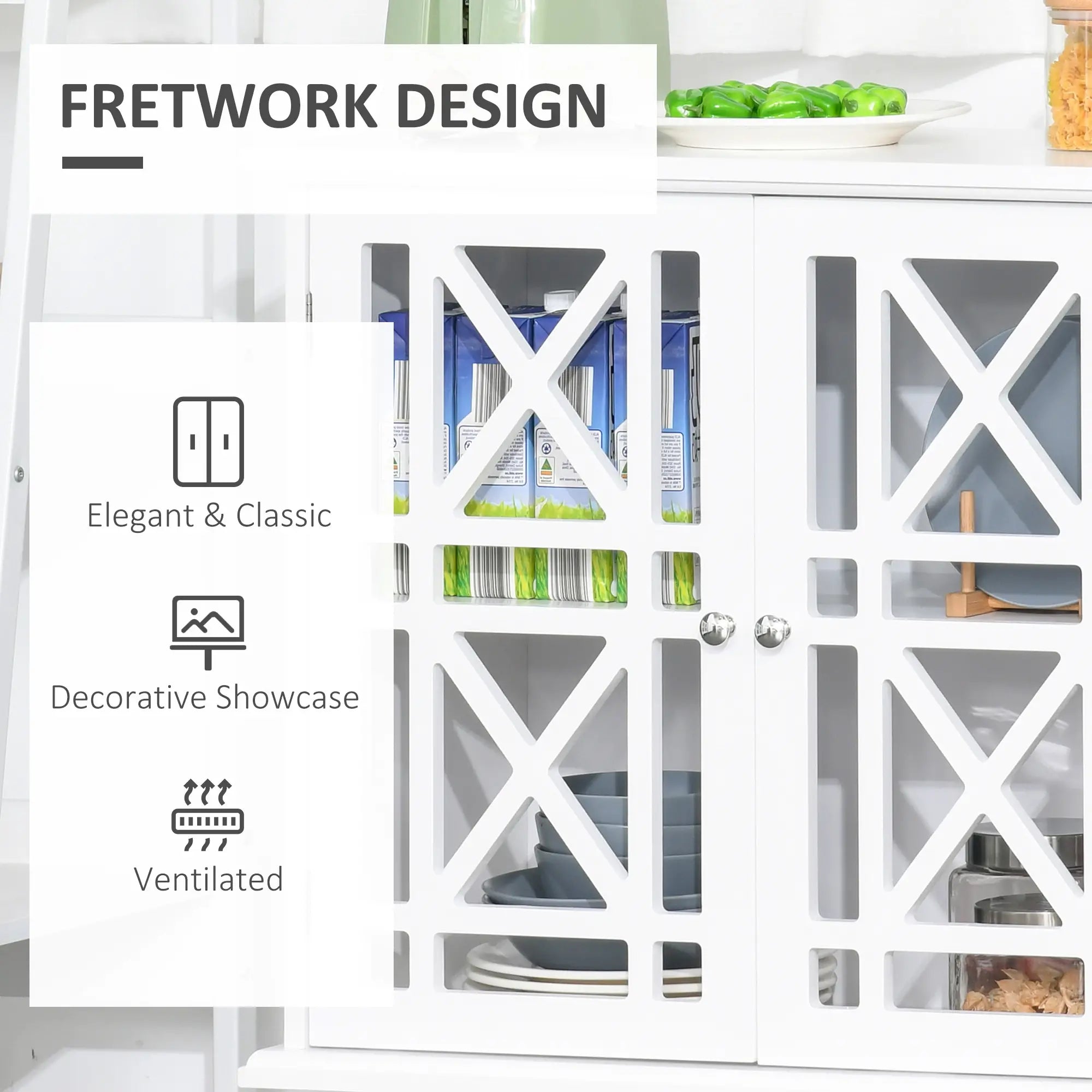 Modern Storage Cabinet with Fretwork Doors, Shelf, White Storage Cabinets at Gallery Canada