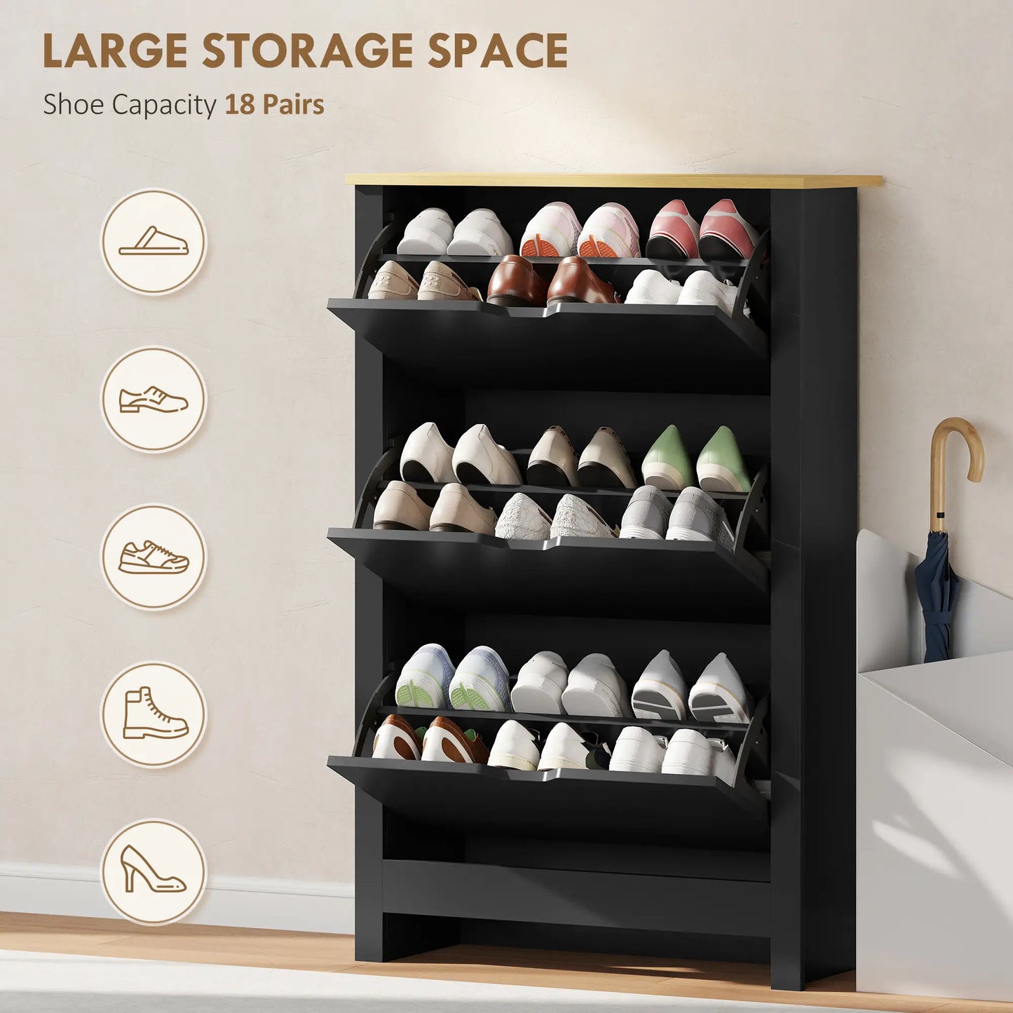 Shoe Storage Cabinet, 3 Flip Drawers, Adjustable Shelves, Black Shoe Storage Cabinets & Racks at Gallery Canada