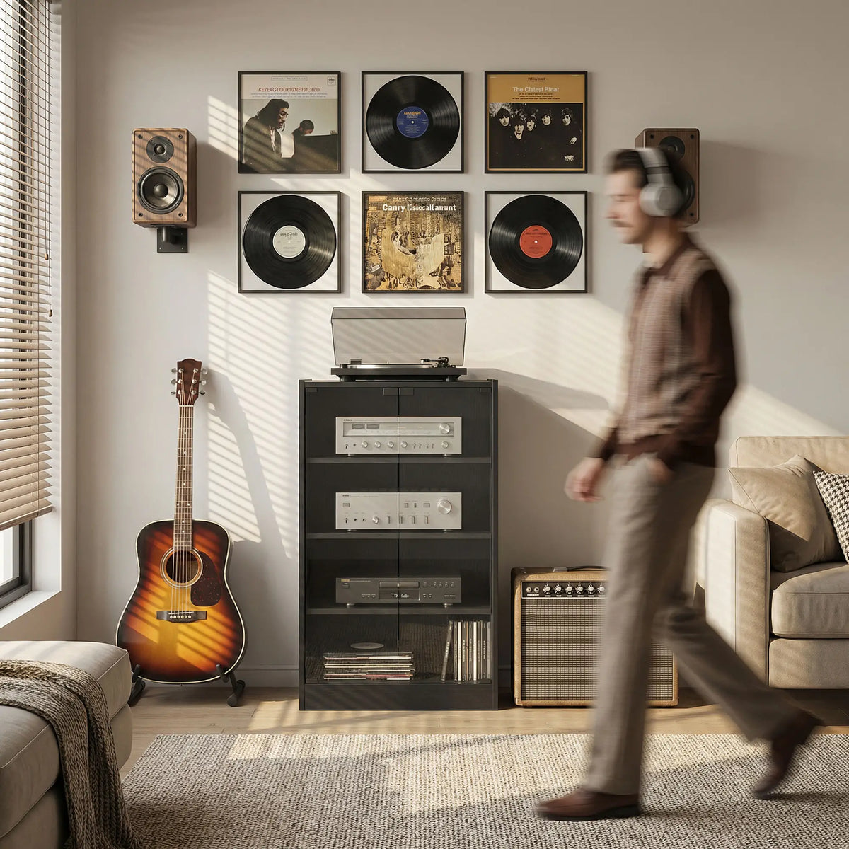 5-Tier AV Media Stand, Push Open Glass Doors, Adjustable Shelves, Distressed, Black Storage Cabinets at Gallery Canada