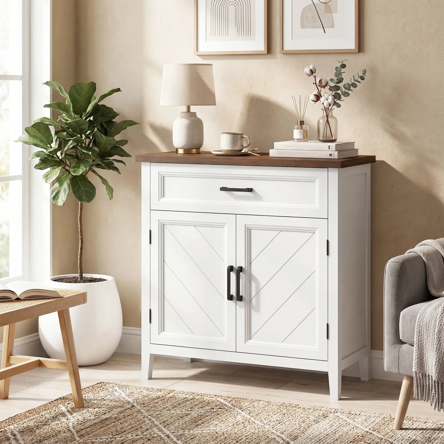 Modern Farmhouse Sideboard Buffet Cabinet, Adjustable Shelf, 2 Doors Storage Cabinets at Gallery Canada