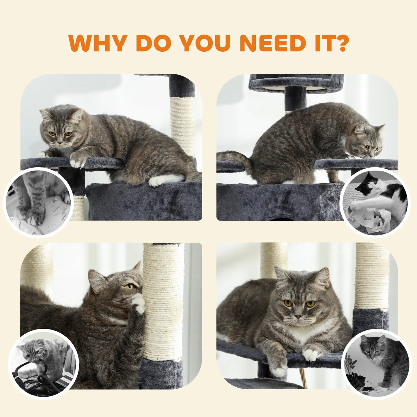 79" Cat Tree, Two Condos, Scratching Posts, Hammocks, Perches, Toys, Dark Grey Cat Towers at Gallery Canada