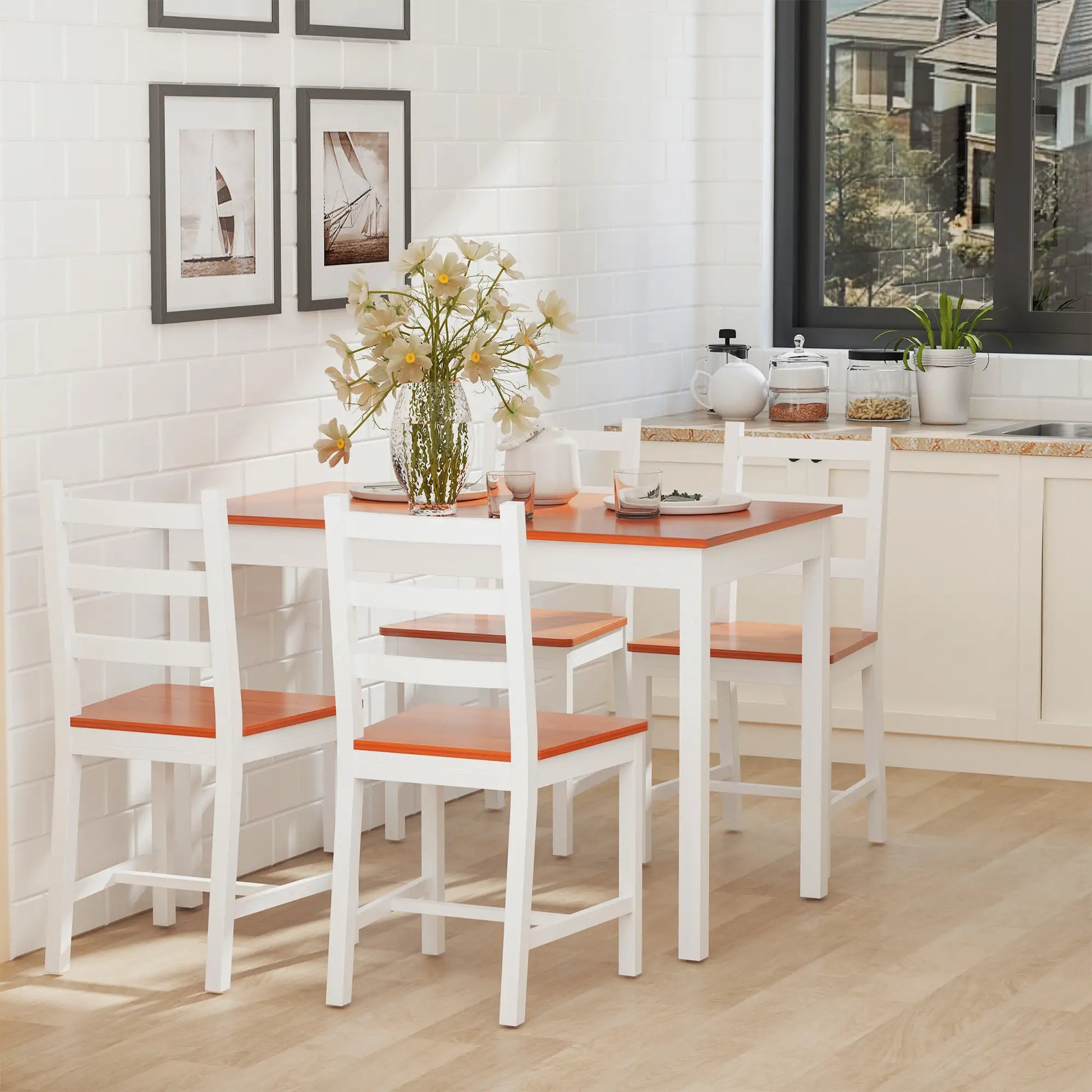 Pine Wood Dining Table Set for 4, 5 Piece, White and Natural Wood, White, Natural Wood Bar Sets at Gallery Canada