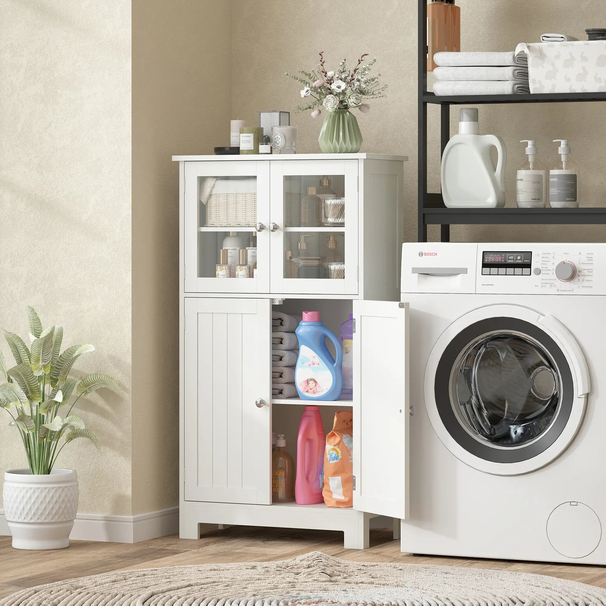 Bathroom Floor Storage Cabinet, Tempered Glass Doors, Adjustable Shelf, White Bathroom Cabinets at Gallery Canada