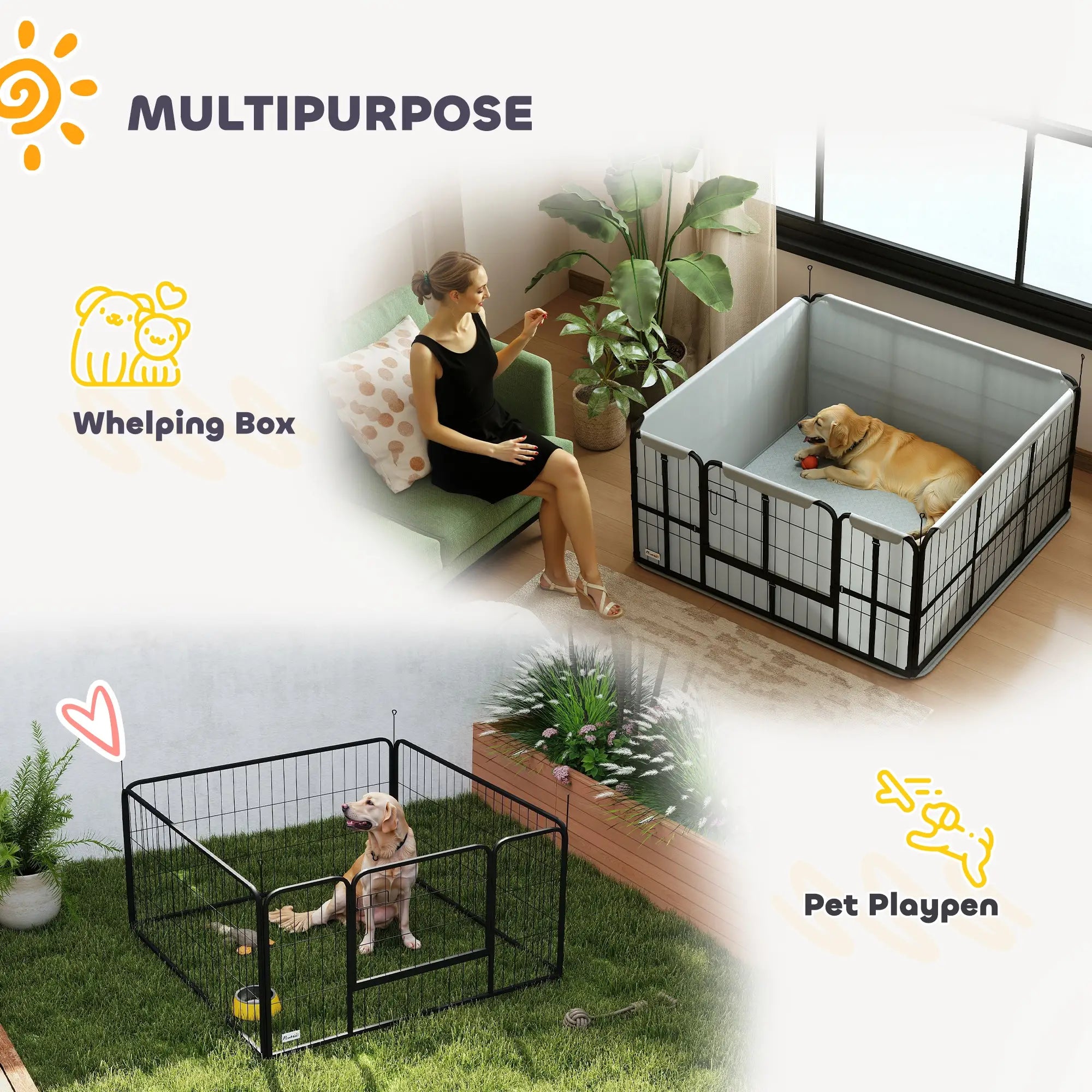4 Panel Dog Whelping Box, Washable Pee Pad, For M L Dogs, 48