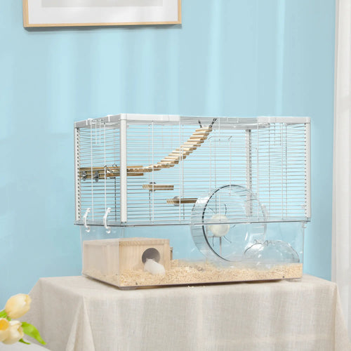 Hamster Cage, Deep Bottom, Wooden Ramp, Hut, Exercise Wheel, White