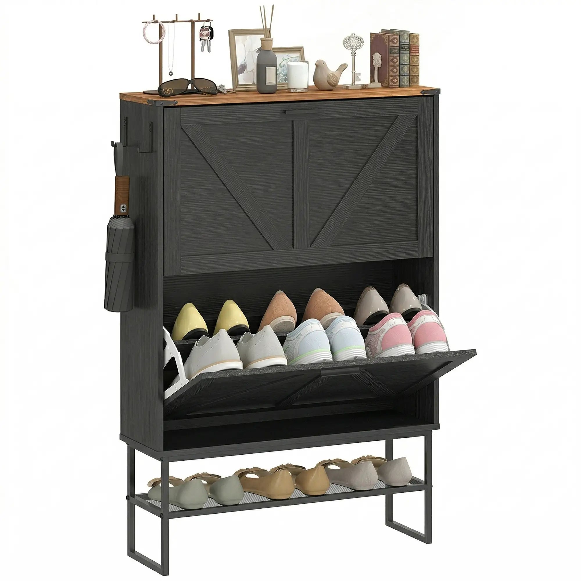 Narrow Shoe Storage Cabinet with 2 Flip Drawers, Black Shoe Storage Cabinets & Racks at Gallery Canada