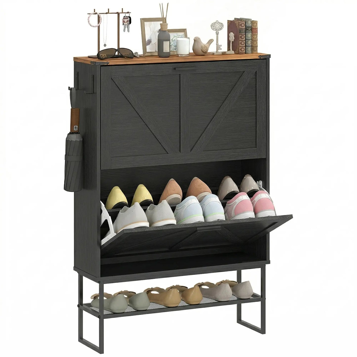 Narrow Shoe Storage Cabinet with 2 Flip Drawers, Black Shoe Storage Cabinets & Racks at Gallery Canada