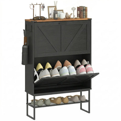 Narrow Shoe Storage Cabinet with 2 Flip Drawers, Black Shoe Storage Cabinets & Racks at Gallery Canada