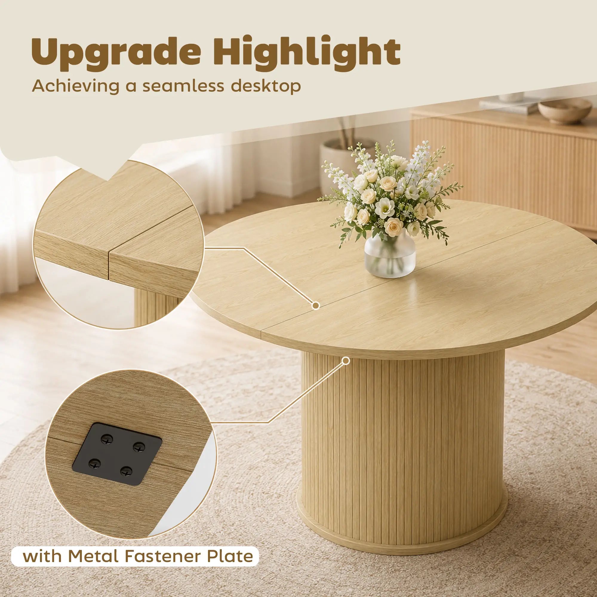 Round Dining Table For 5, 47 Inch, Fluted Pedestal Base, Natural Dining Tables at Gallery Canada