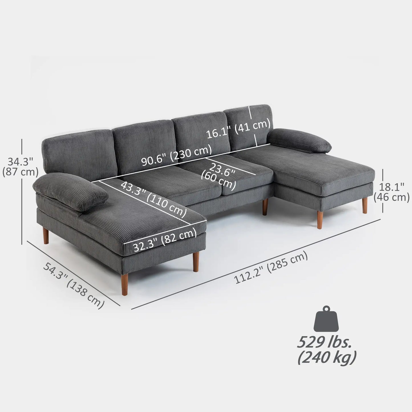U Shape Couch with Double Chaise, Modern 4 Seater Sofa, Dark Grey 3-Seater Sofas at Gallery Canada