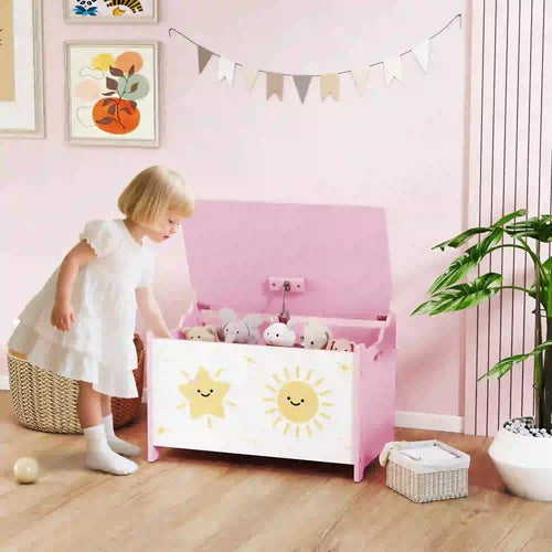 Toy Chest with Lid, Safety Hinges, Groove Handles, Pink