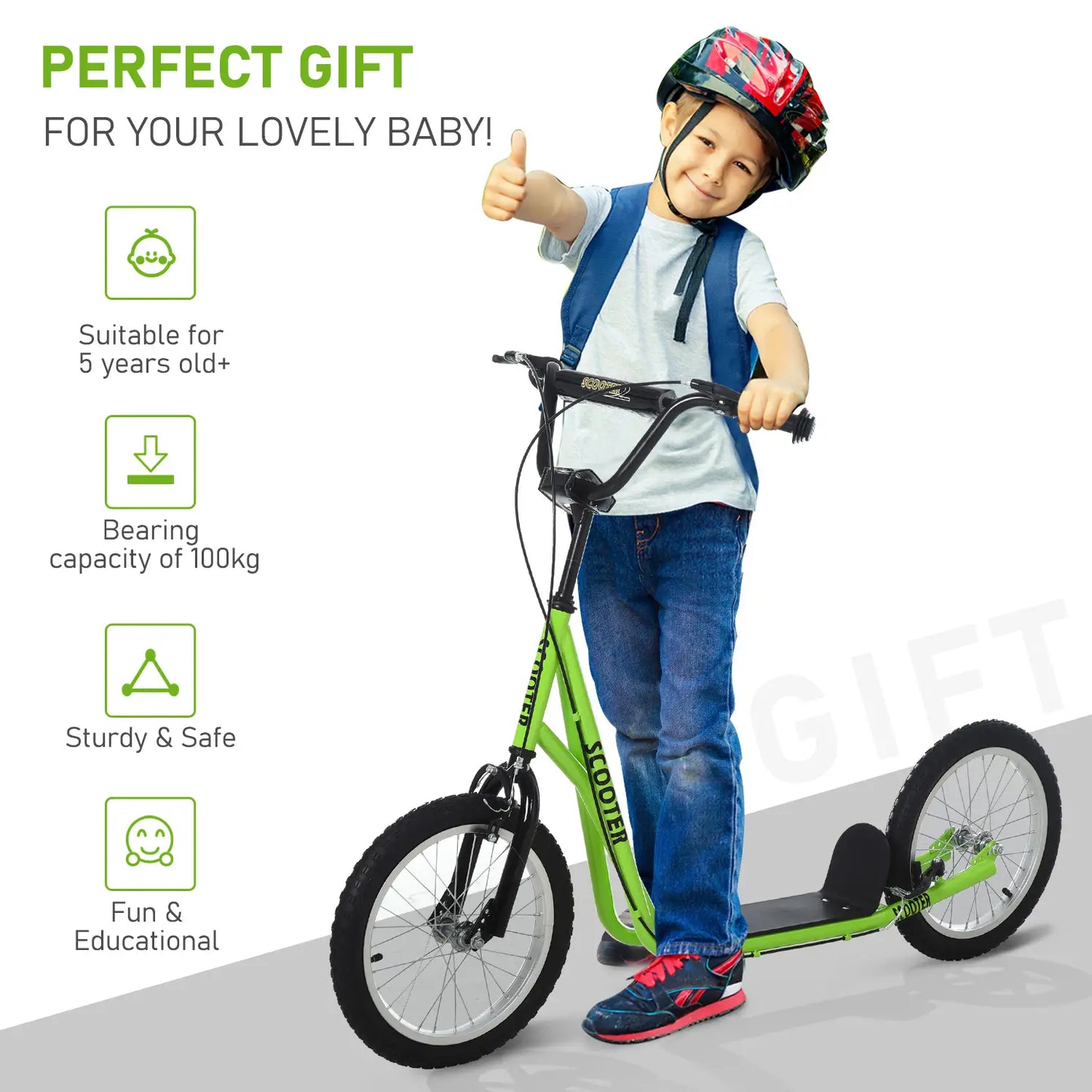 Kids Kick Scooter, 5+ Years, 16'' Inflatable Wheel, Dual Brakes, Green Scooters at Gallery Canada