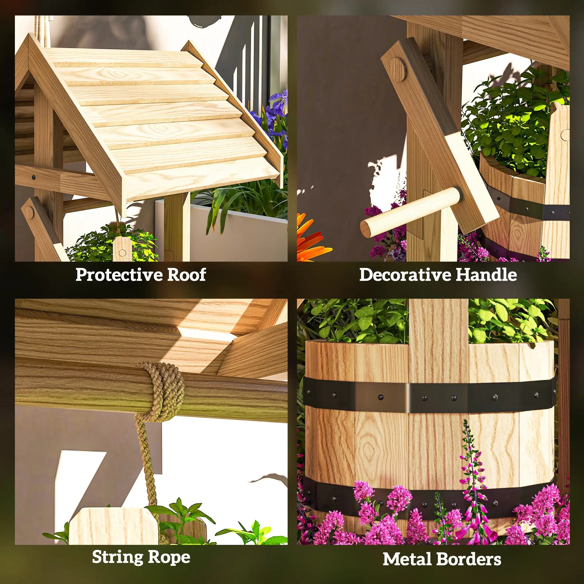 Wood Wishing Well Planter With Hanging Bucket, Natural Water Fountains at Gallery Canada