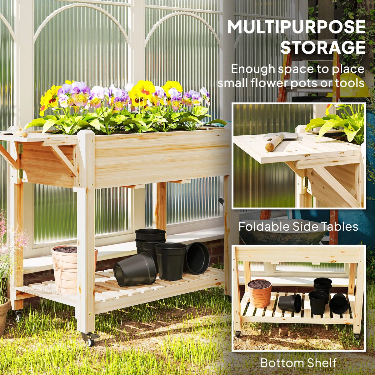 Raised Garden Bed, Wood Planter Box with Wheels, Side Tables, Natural Raised Garden Beds at Gallery Canada