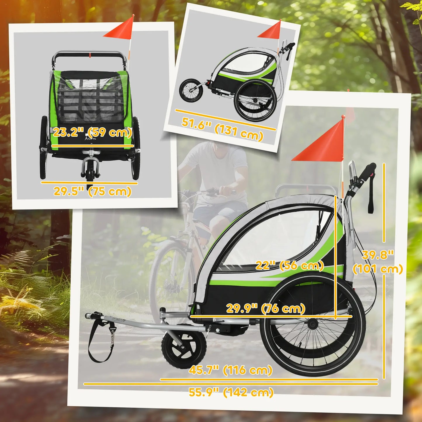 3-in-1 Bike Trailer, Running Stroller, 2 Seats, 5-Point Harness, Storage, Green Kids Bike Trailers at Gallery Canada