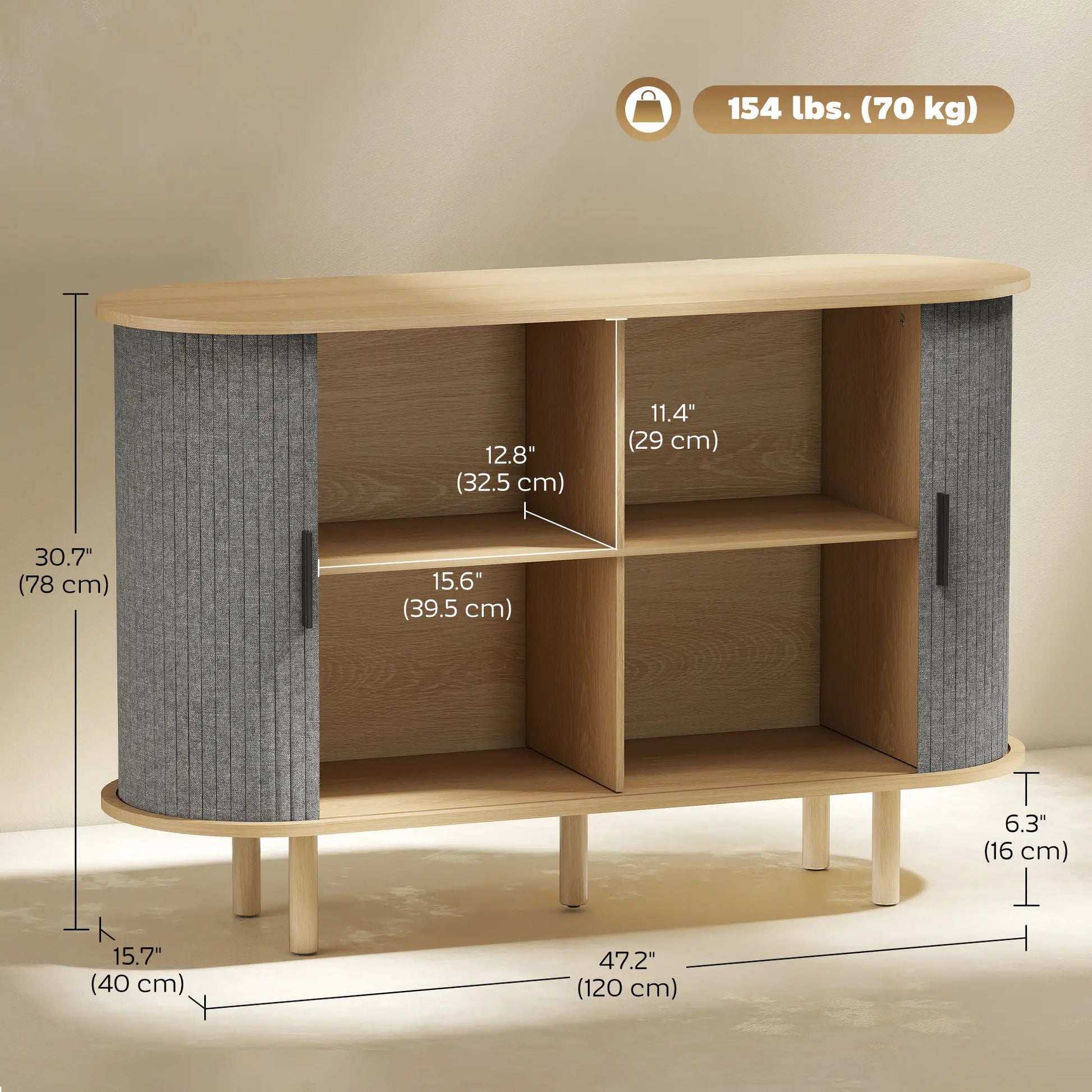 47" Buffet Cabinet, Tambour Sliding Doors, Fluted Sideboard, Grey Bar Cabinets at Gallery Canada