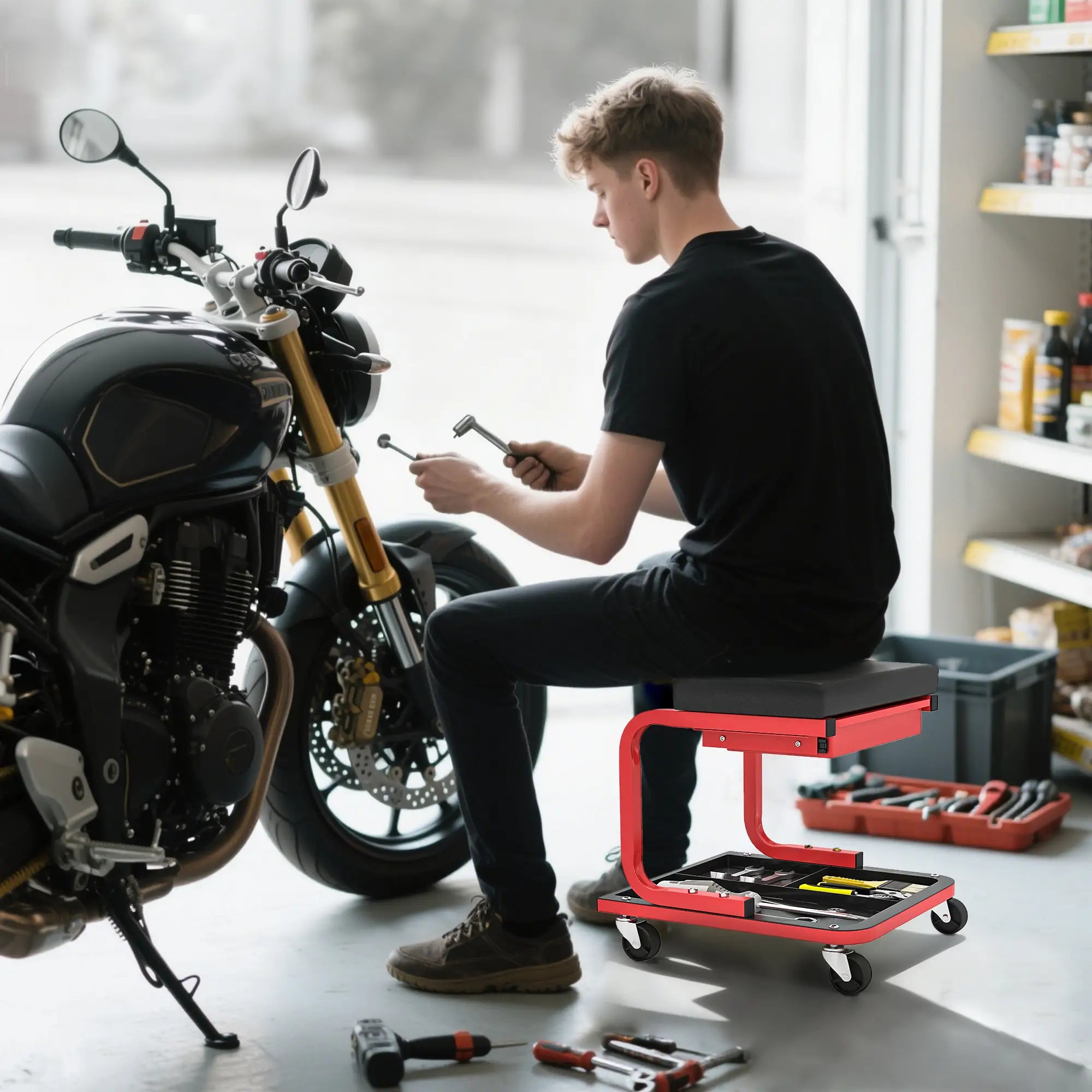 Rolling Garage Stool, 300 LBS Capacity, Tool Trays, Drawer, Black Automotive at Gallery Canada