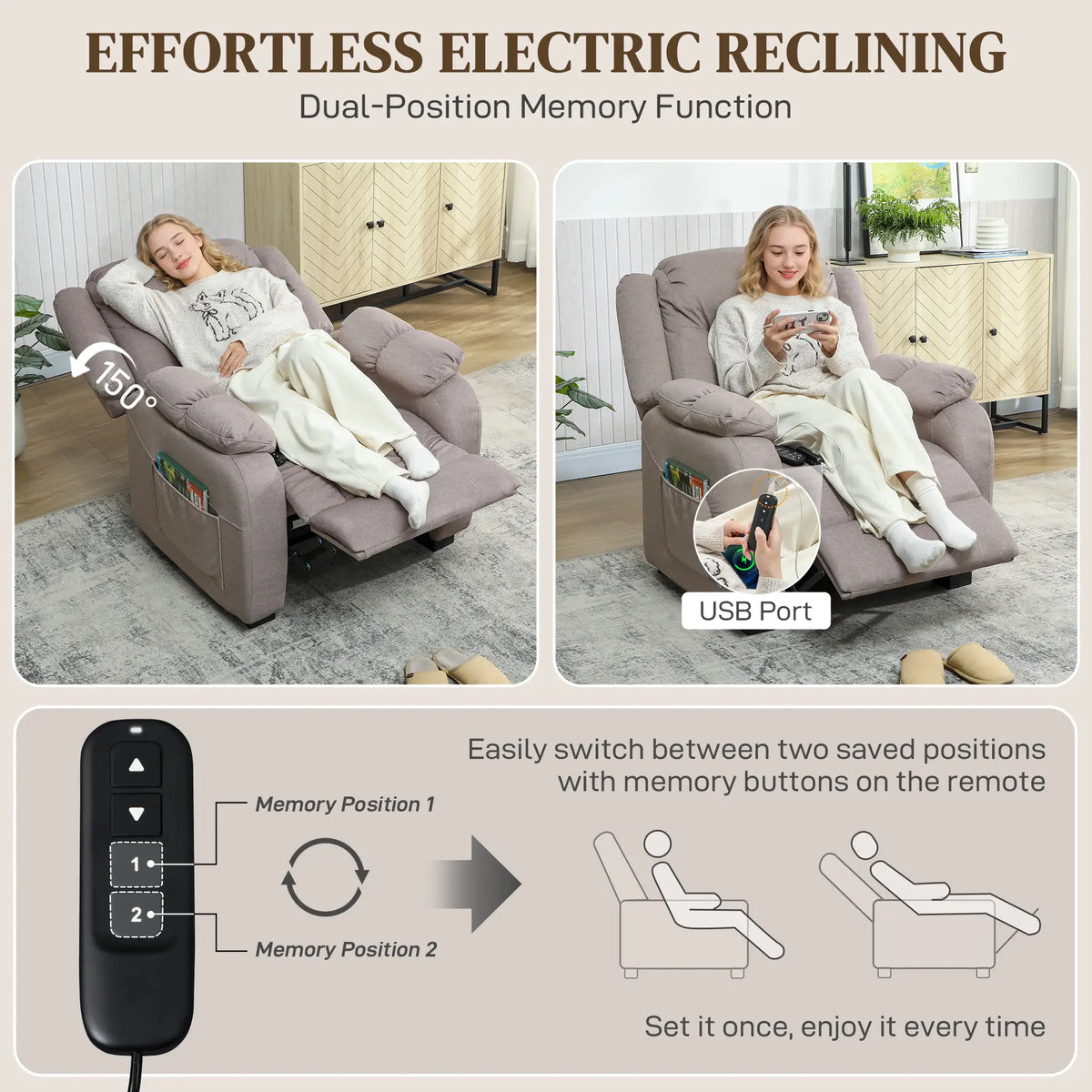 Massage Recliner Chair, Power Recliner, 2 Memory Positions, Brown Single Sofas at Gallery Canada