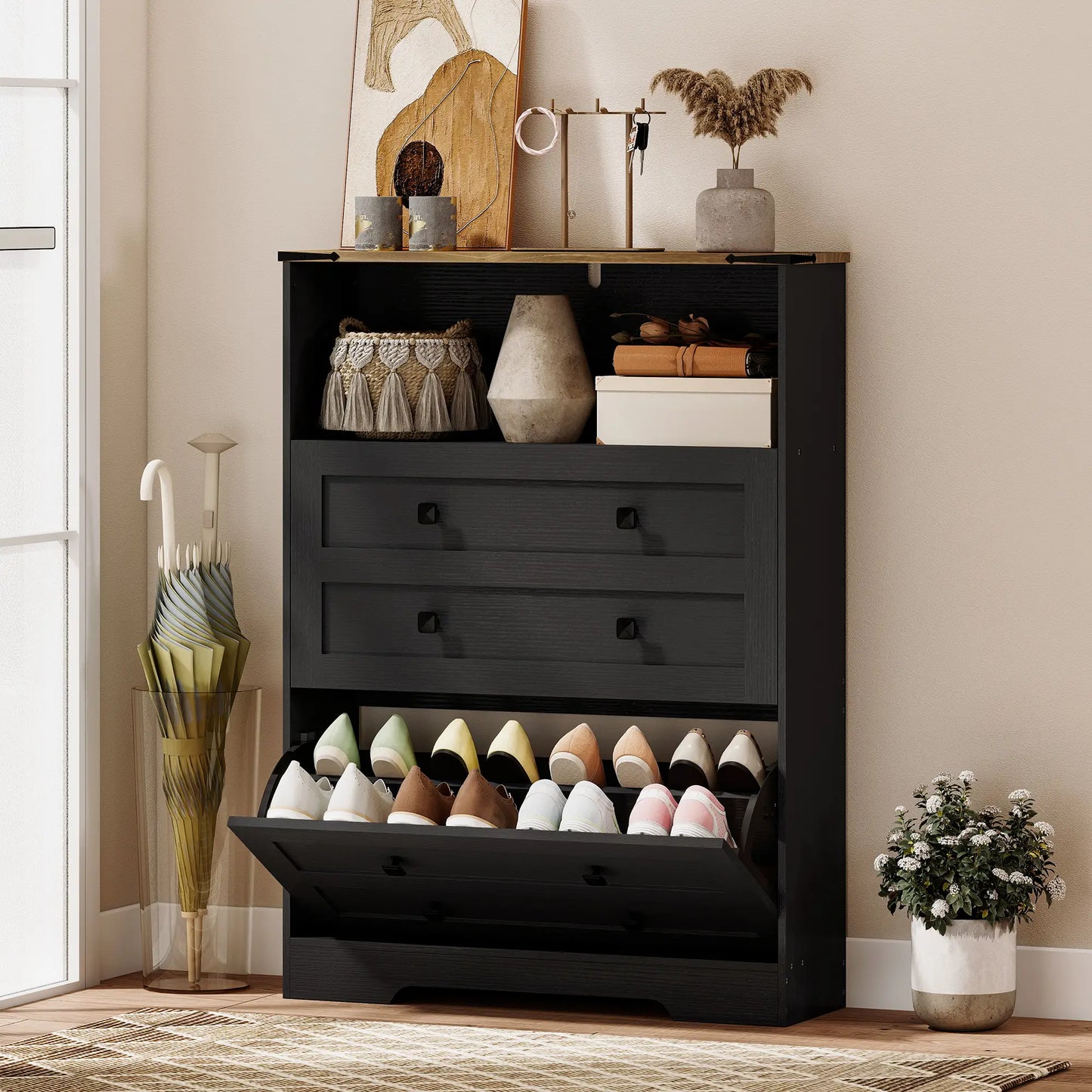 Shoe Cabinet With 2 Flip Drawers, Narrow, Black Shoe Storage Cabinets & Racks at Gallery Canada