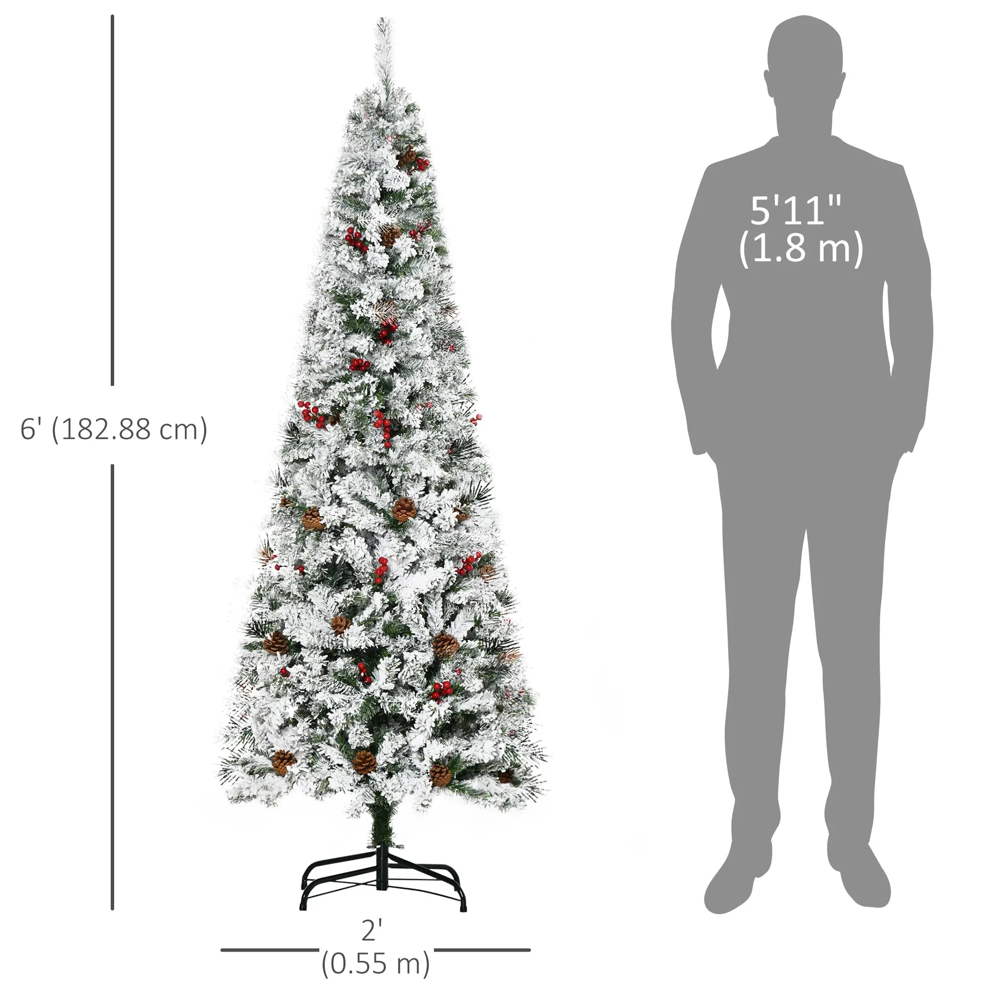 6 Foot Flocked Artificial Christmas Tree, 600 Pine Branches, Pine Cones, Red Berries, Auto Open, Green Pencil Christmas Trees at Gallery Canada