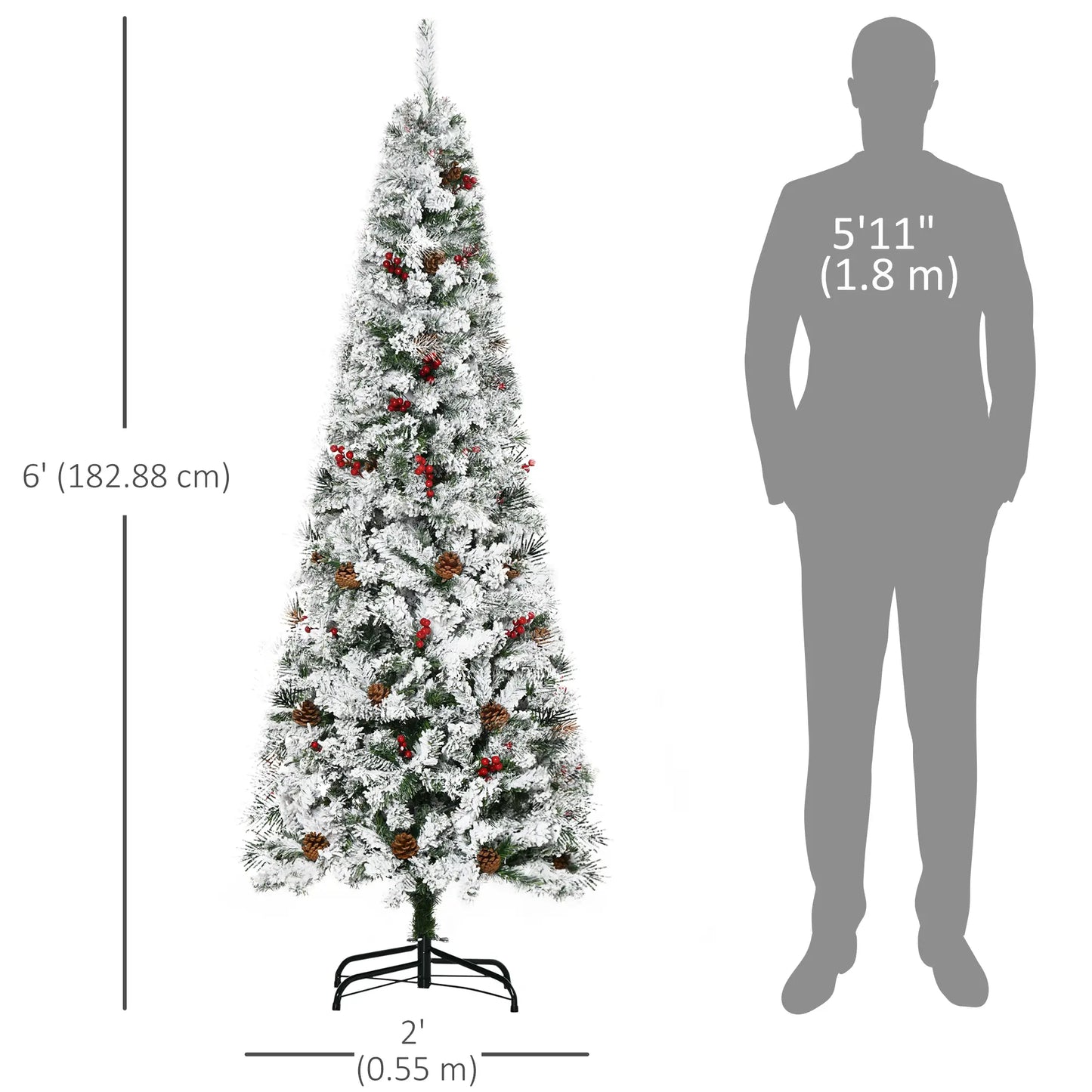 6 Foot Flocked Artificial Christmas Tree, 600 Pine Branches, Pine Cones, Red Berries, Auto Open, Green Pencil Christmas Trees at Gallery Canada