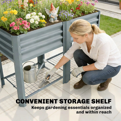 Lit de jardin surélevé avec étagère de rangement à pieds 31,5" Gris argenté, Gris argenté