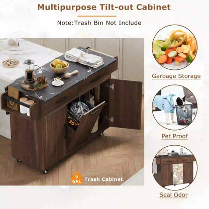 Adjustable Shelf Island, Trash Cabinet, Spice Rack, 51" L x 20" W x 35" H, Walnut Brown Kitchen Islands & Kitchen Carts at Gallery Canada