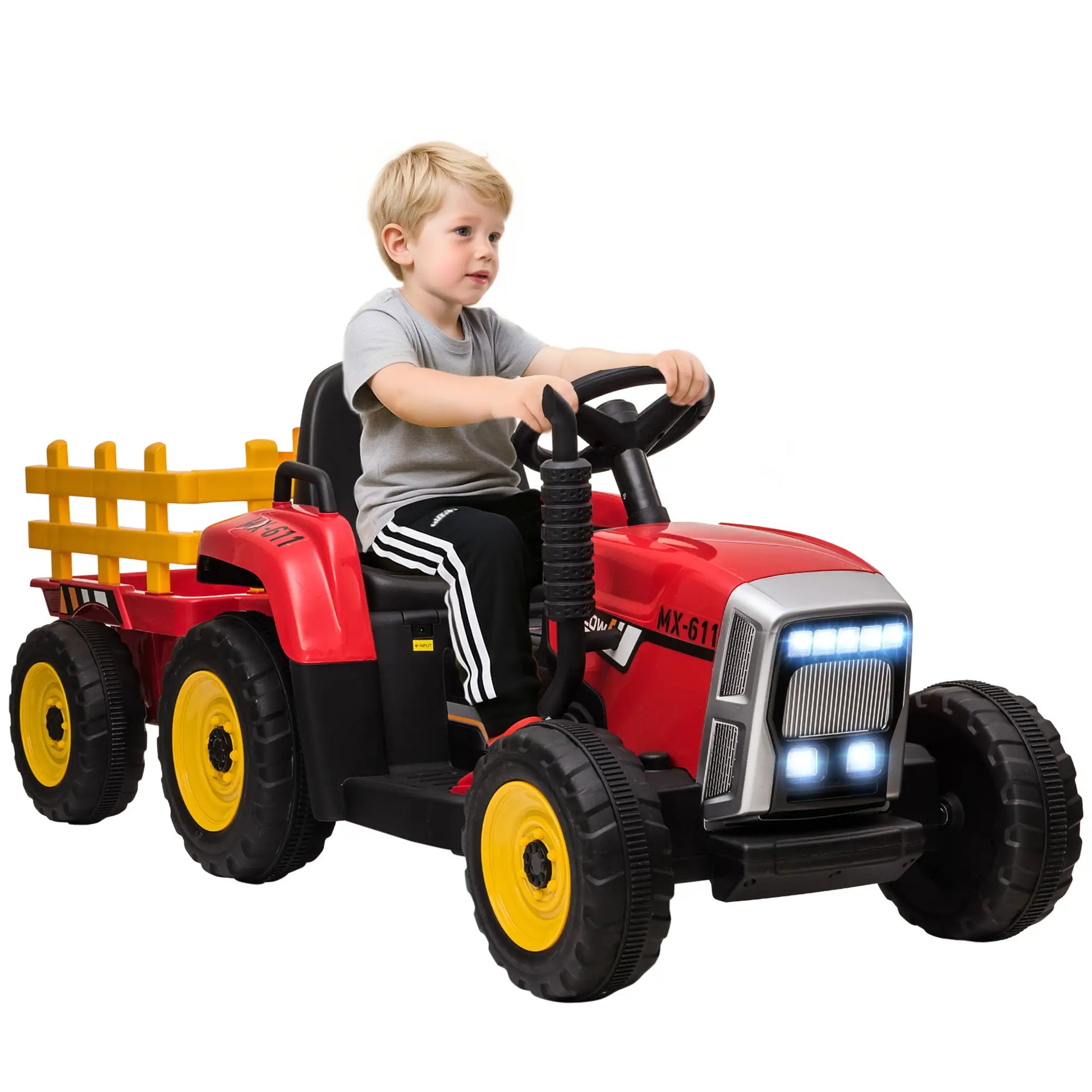 12V Kids Ride on Tractor with Trailer, Remote Control, Music, Horn, USB, LED Lights, Red Electric Toy Cars at Gallery Canada