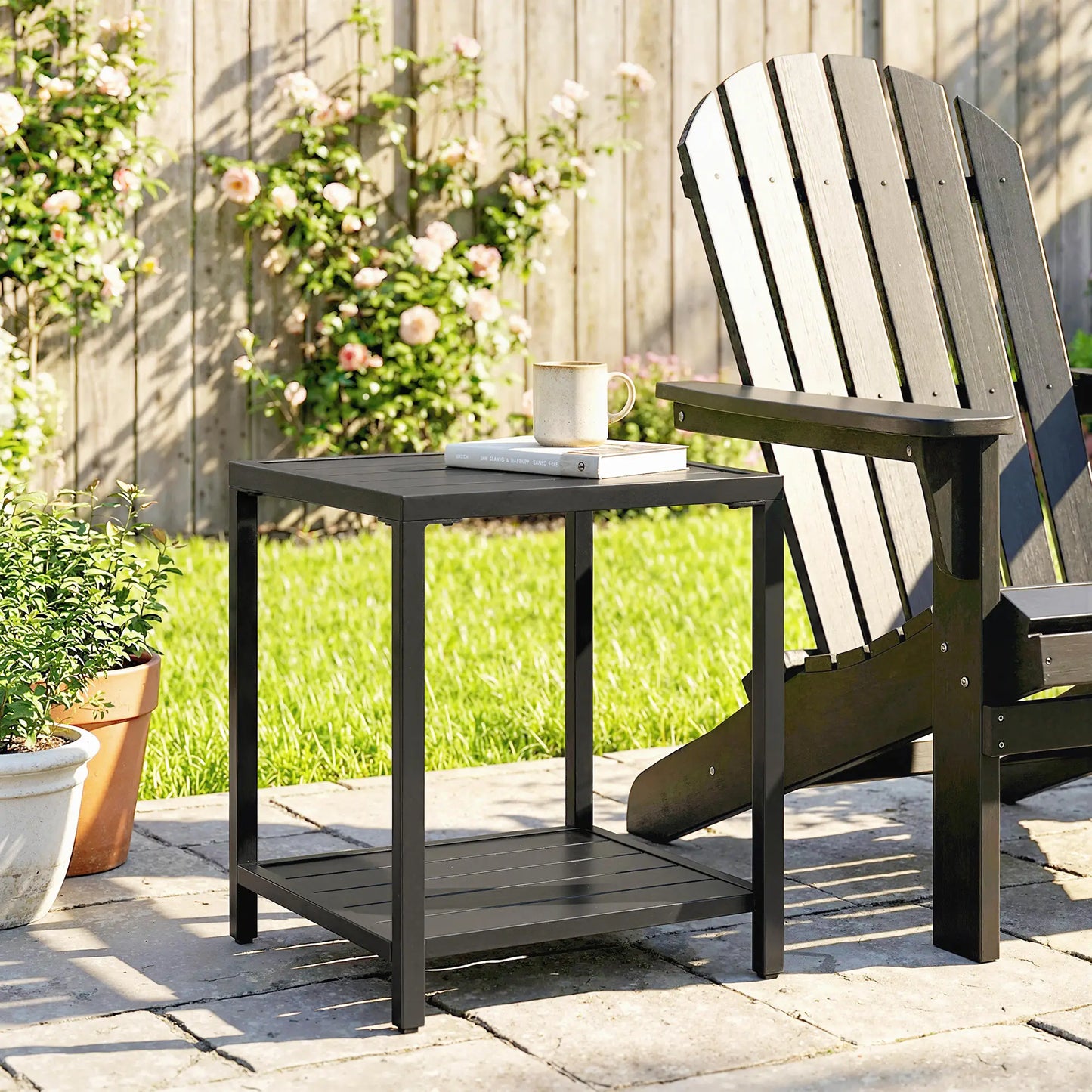Outdoor Coffee Table, 2-Tier With Storage Shelf, Adjustable Feet, Black Patio Side Tables at Gallery Canada