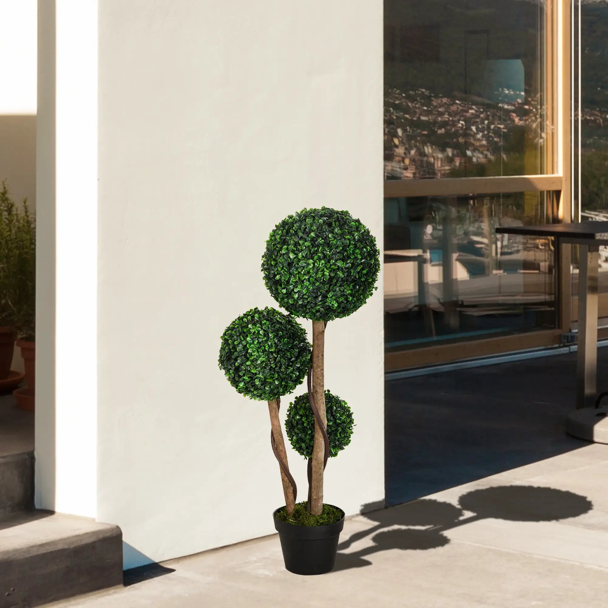 35 Inch Artificial Boxwood Topiary Tree, Triple Ball, Dark Green Artificial Trees at Gallery Canada